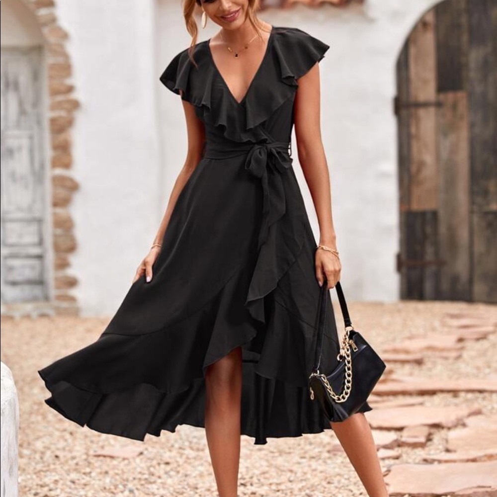 Solid Ruffle Hem Trim Belted Faux Wrap Dress New - Picture 10 of 10